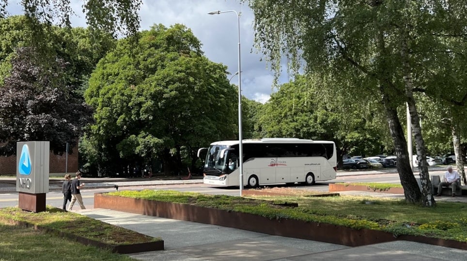 Bildet viser en buss og grønne trær